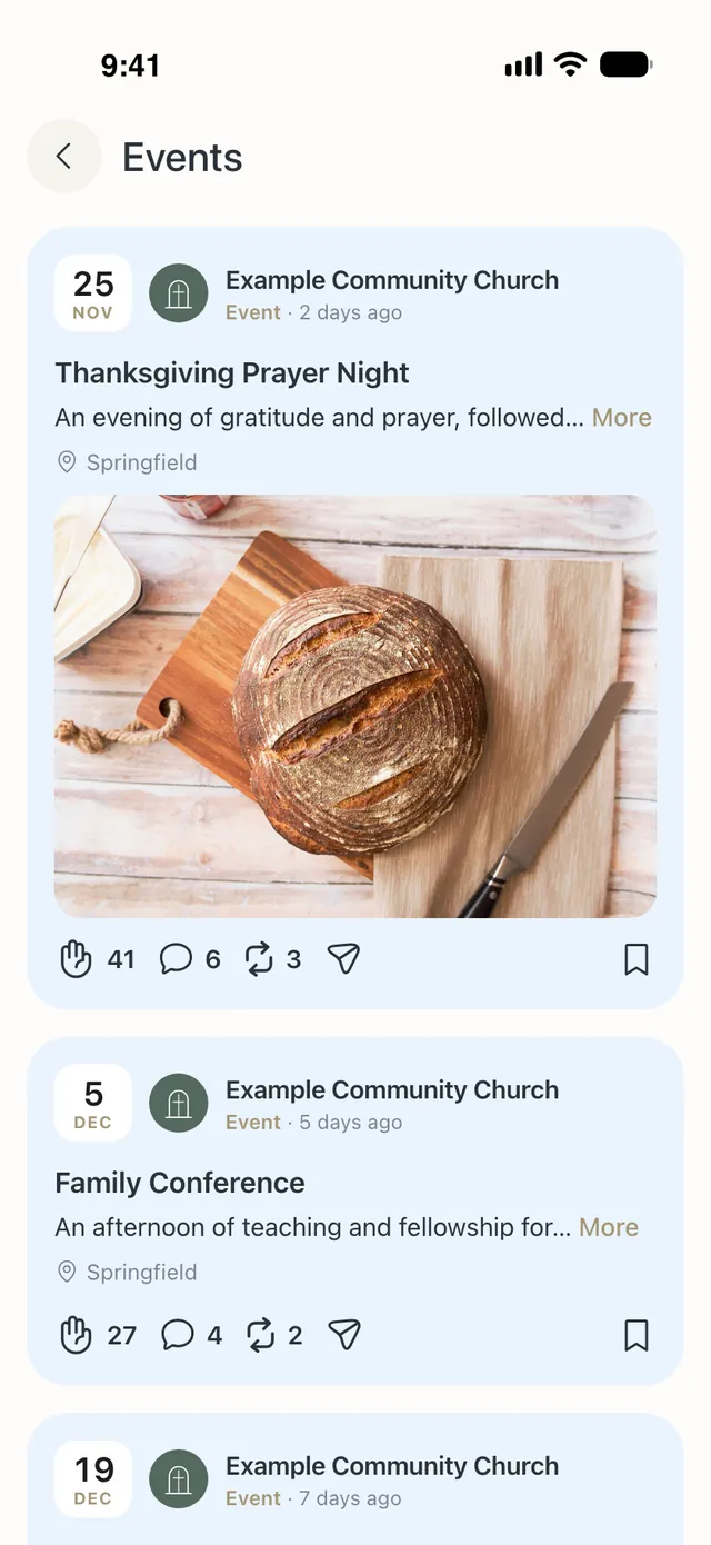 The Events section: the Thanksgiving Prayer Night, the Family Conference, and the Choir Christmas Concert from Example Community Church