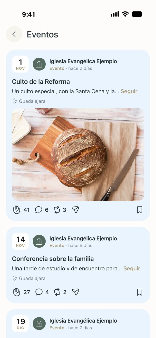 La sección Eventos: Culto de la Reforma, Conferencia sobre la familia y Concierto de Navidad del coro de la Iglesia Evangélica Ejemplo