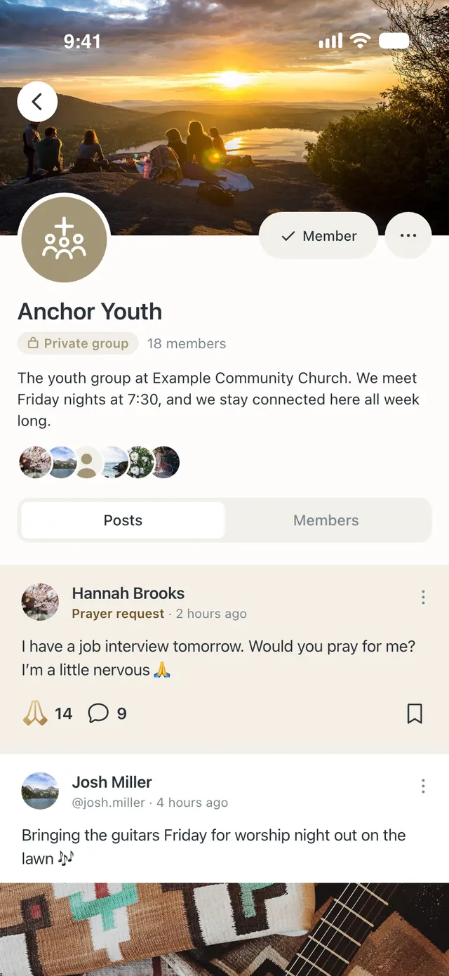 The private Group “Anchor Youth,” 18 members, with a prayer request and a post about the worship night