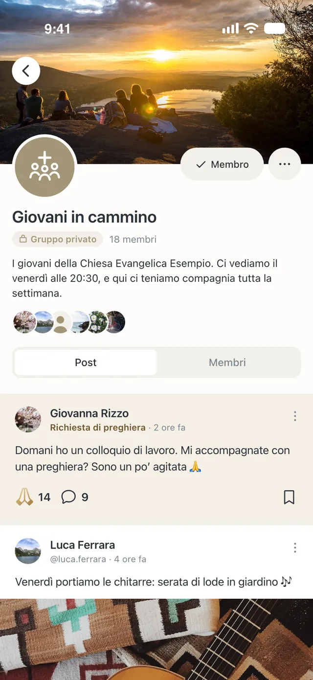 Il Gruppo privato «Giovani in cammino», 18 membri, con una richiesta di preghiera e un post sulla serata di lode