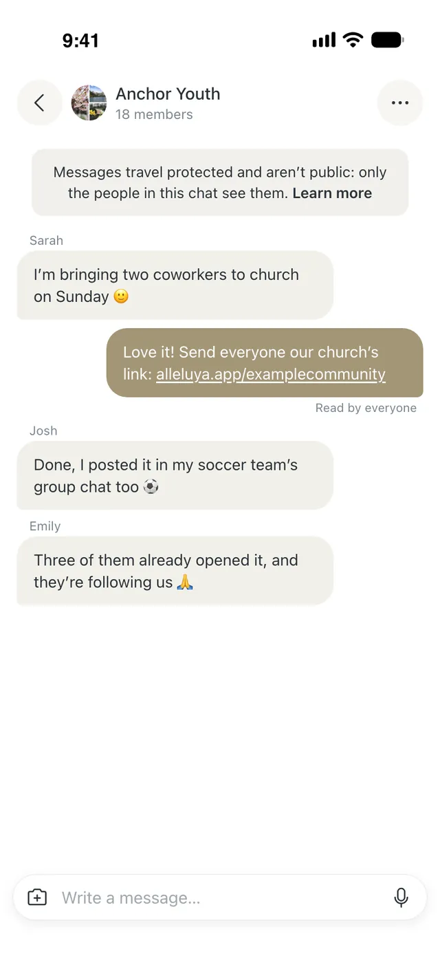 The “Anchor Youth” Group chat: a message with the link alleluya.app/examplecommunity