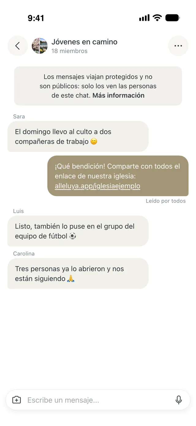 El chat del Grupo «Jóvenes en camino»: un mensaje con el enlace alleluya.app/iglesiaejemplo