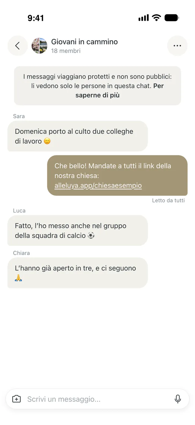 La chat del Gruppo «Giovani in cammino»: un messaggio con il link alleluya.app/chiesaesempio