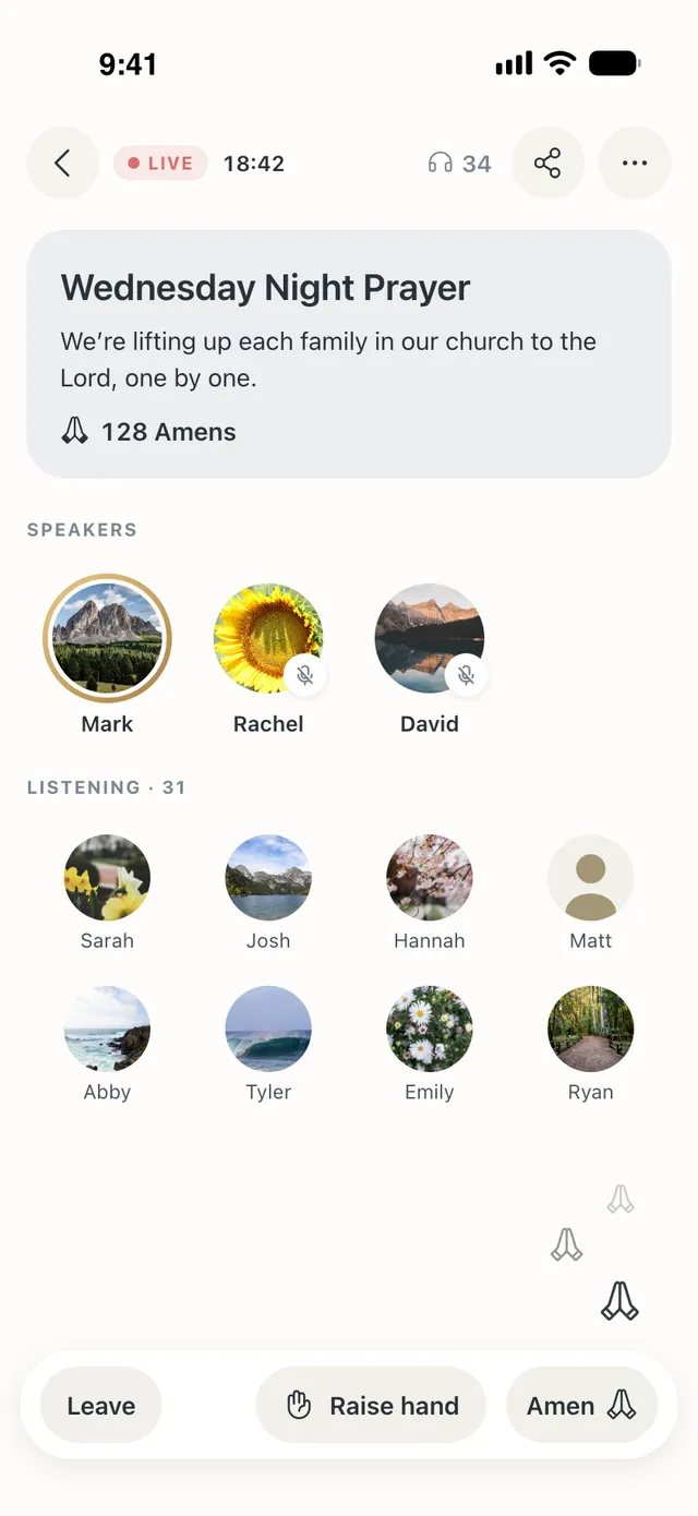 A Prayer live in progress, “Wednesday Night Prayer”: the speakers, the listeners, 128 Amen, and the Raise hand and Amen buttons