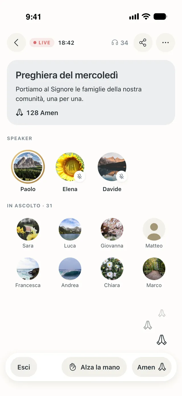 Una live di preghiera in corso, «Preghiera del mercoledì»: chi parla, chi ascolta, 128 Amen e i tasti Alza la mano e Amen