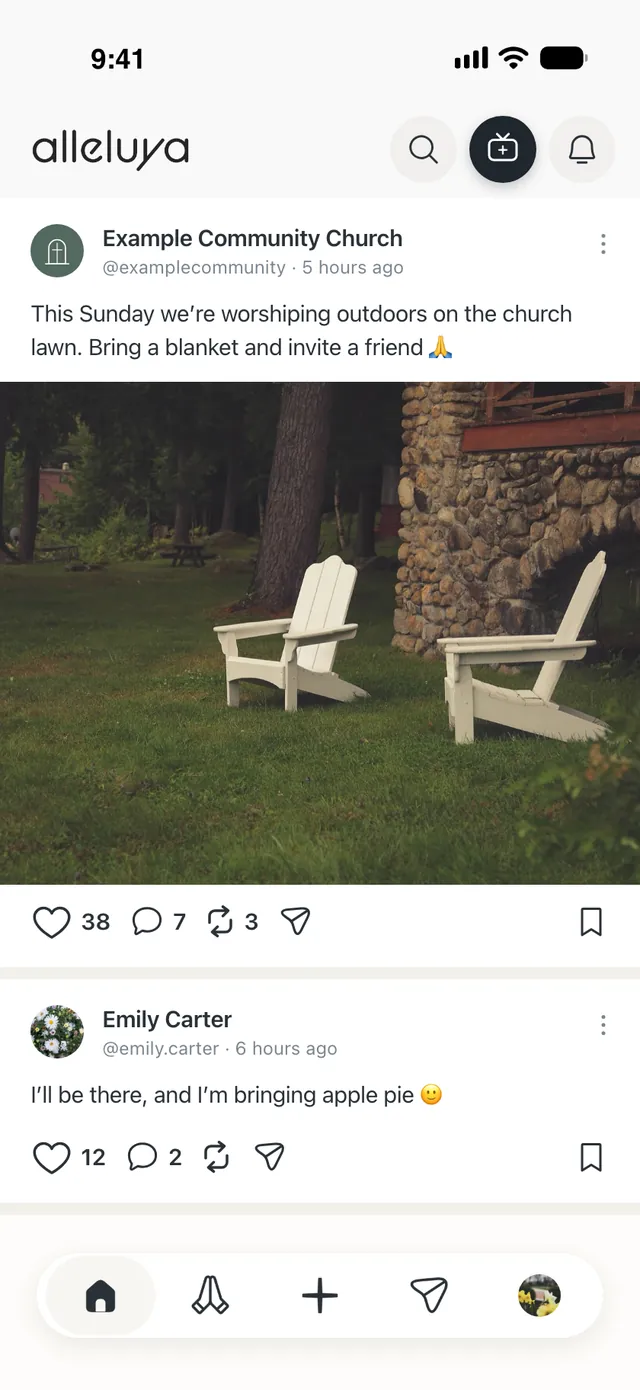 The Alleluya Home: at the top, Example Community Church’s post about the outdoor service, with a photo of chairs on the lawn
