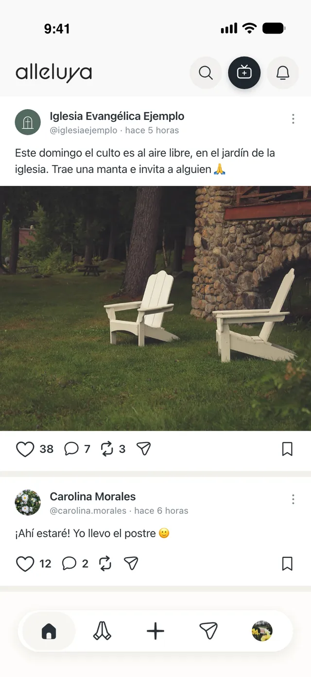 El Inicio de Alleluya: arriba, la publicación de la Iglesia Evangélica Ejemplo sobre el culto al aire libre, con la foto de las sillas en el césped