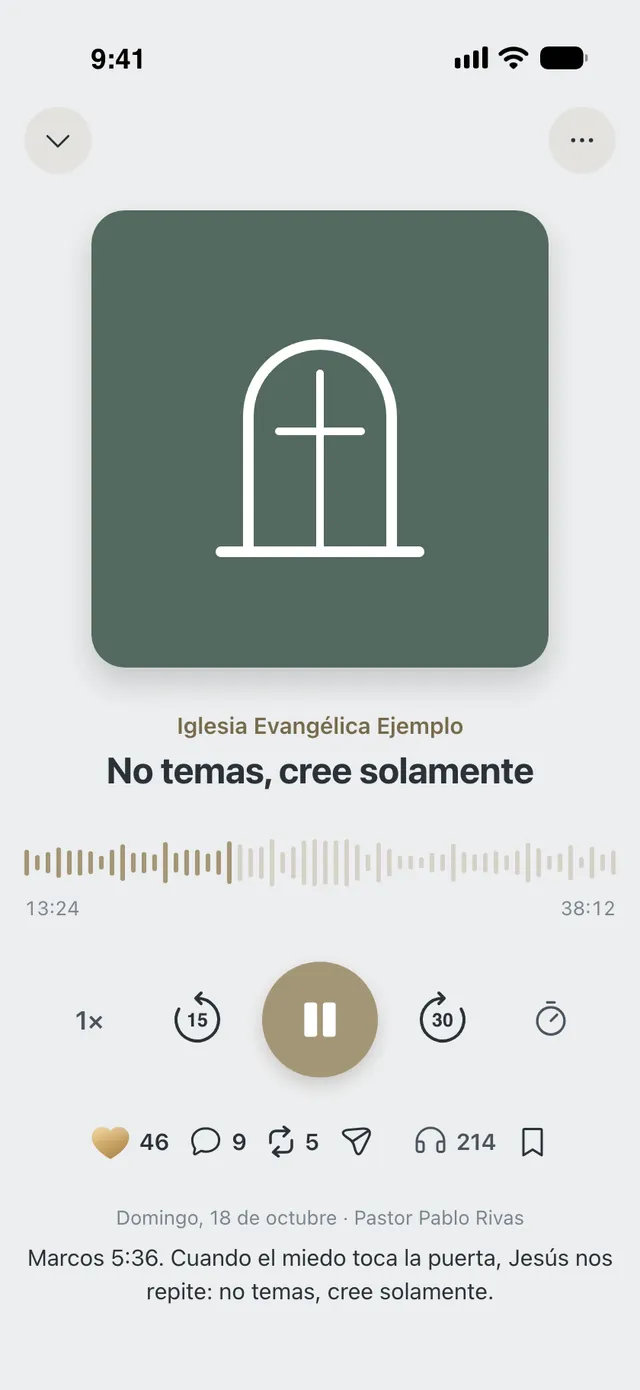 El reproductor de la predicación «No temas, cree solamente» de la Iglesia Evangélica Ejemplo, con la onda del audio y el botón de pausa