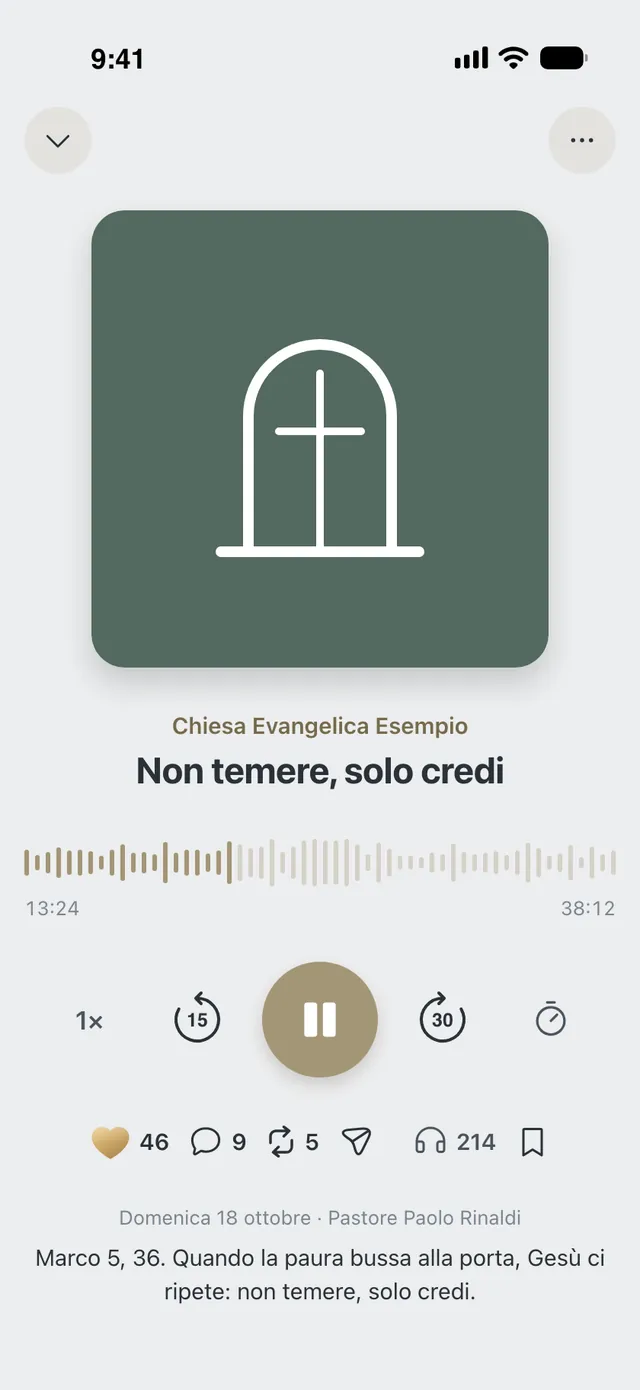 Il lettore della predica «Non temere, solo credi» della Chiesa Evangelica Esempio, con l’onda dell’audio e il tasto pausa